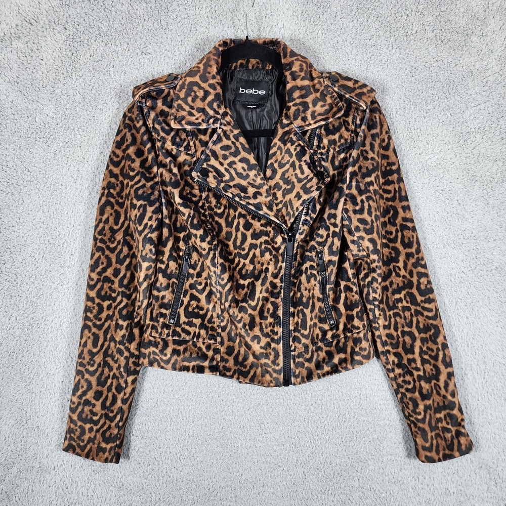 Bebe Leopard Print Moto Jacket Womens S Black Brown Front Zip Mob Wife Rock Y2K
